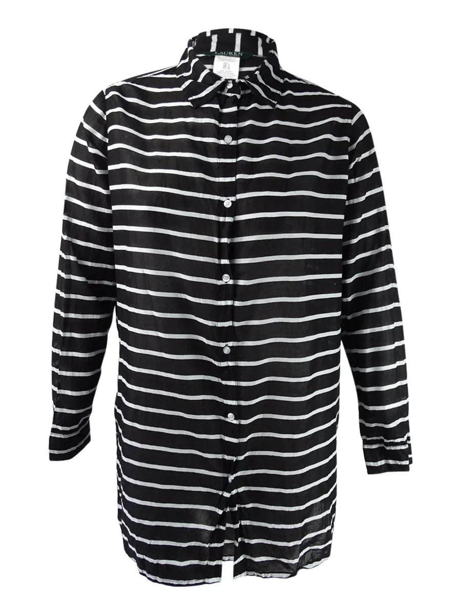Lauren Ralph Lauren Women's Striped Camp Shirt shield-Up (Black/White, XS)