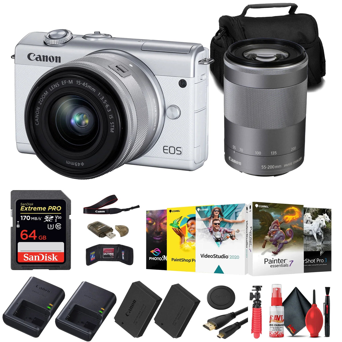 EOS M200 Mirrorless Camera with 15-45mm and 55-200mm Lenses (White) (3700C009) + 64GB Card + Charger + LPE12 Battery + Card Reader + Corel Photo Software + HDMI Cable + Case + More