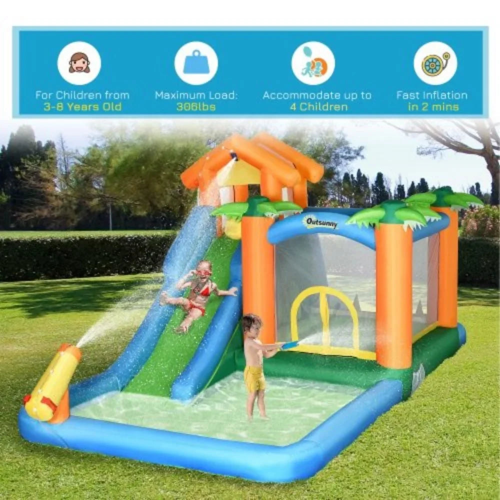 Outsunny 6-in-1 Tropical Inflatable moisture Slide Summer Theme Jumping Castle Includes Floating Ball Slide Trampoline Pool Cannon Climbing Wall with Carry Bag, Repair Patches and 450W Air Blower