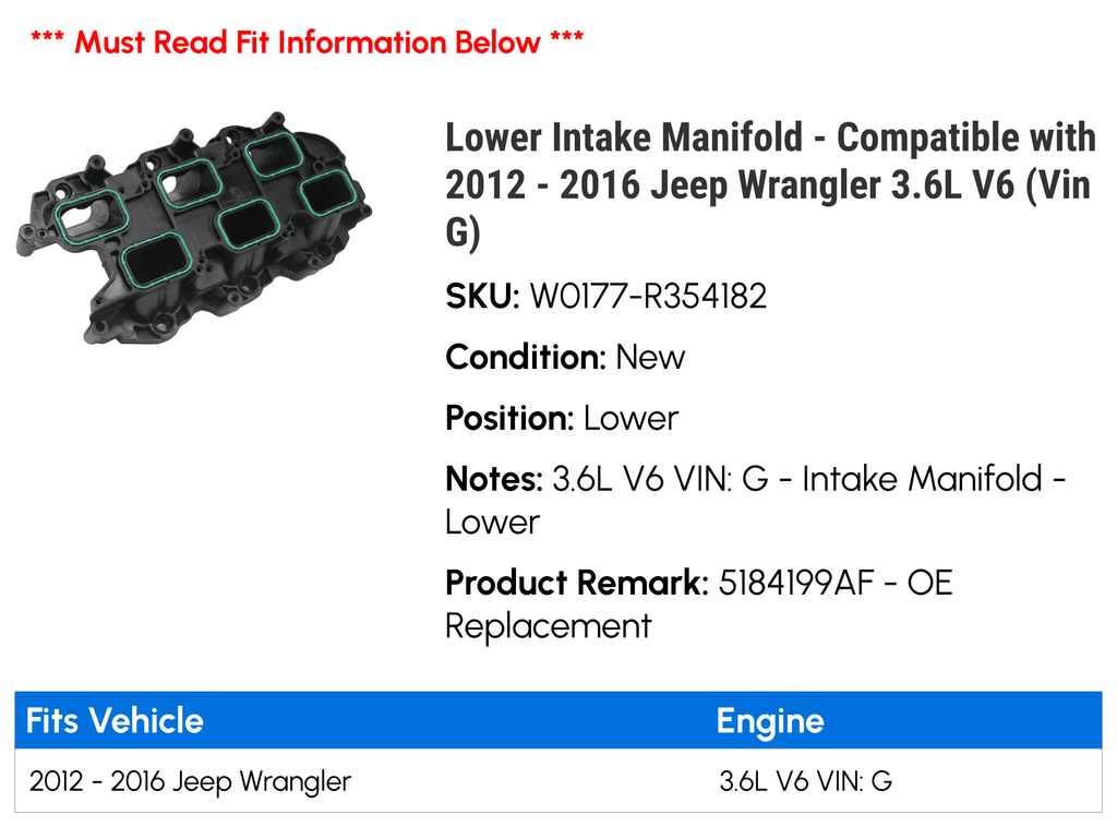 Lower Intake Manifold - suitable with 2012 - 2016 Jeep Wrangler 3.6L V6 (Vin G) 2013 2014 2015