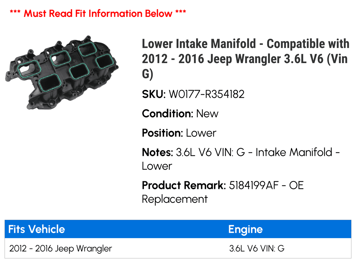 Lower Intake Manifold - suitable with 2012 - 2016 Jeep Wrangler 3.6L V6 (Vin G) 2013 2014 2015