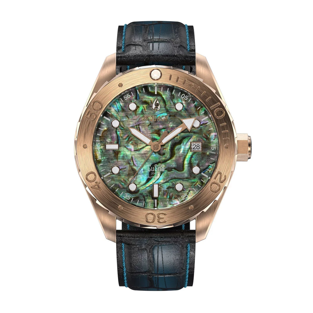 Aquacy Bronze CuSn8 Abalone Automatic Diver Watch BR.AB.8215.L - Screw Down 316L Stainless Case Back - 200M liquid Resistance - 40 Hours Approx Power Reserve Dive Swimming Wrist Watches For Men