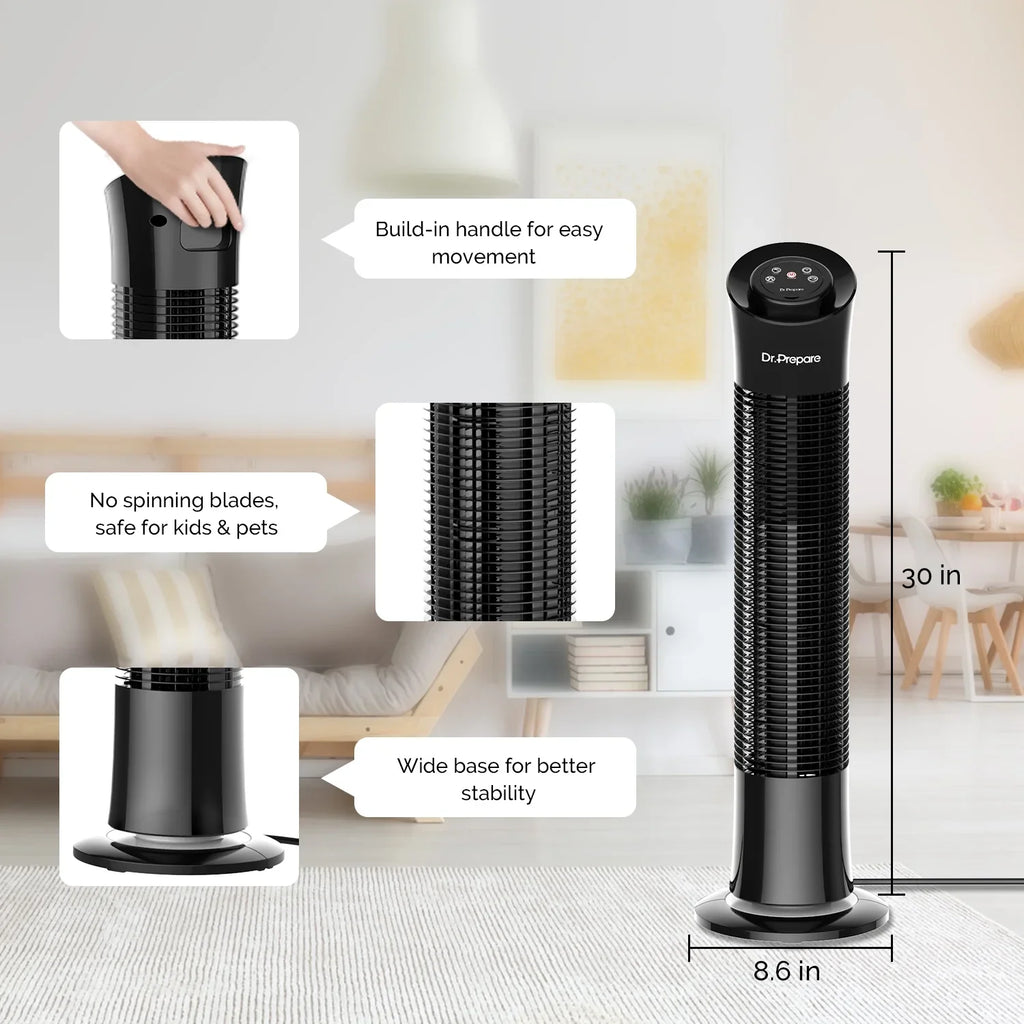 Prepare 30’’ Oscillation Tower Fan，Portable Stand Floor Fans w/Remote/3 Speeds/7.5h Timer for Home/Office. Dr