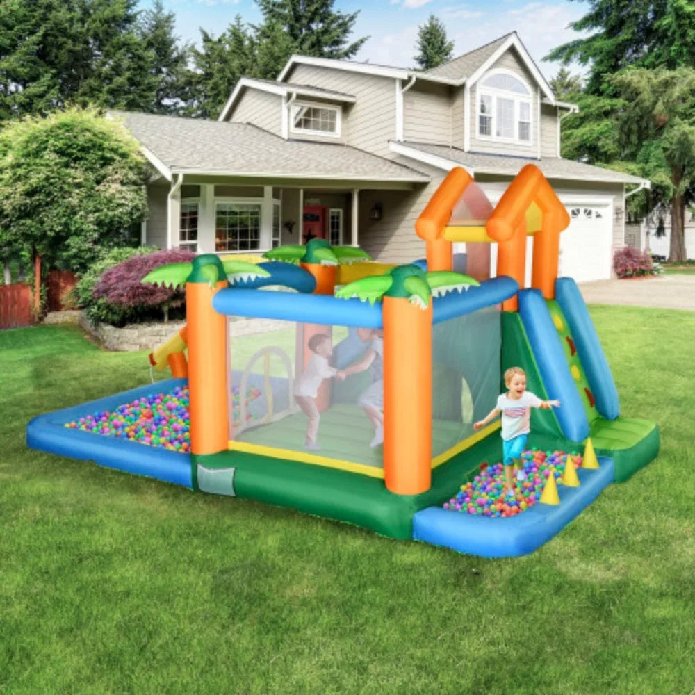 Outsunny 6-in-1 Tropical Inflatable moisture Slide Summer Theme Jumping Castle Includes Floating Ball Slide Trampoline Pool Cannon Climbing Wall with Carry Bag, Repair Patches and 450W Air Blower