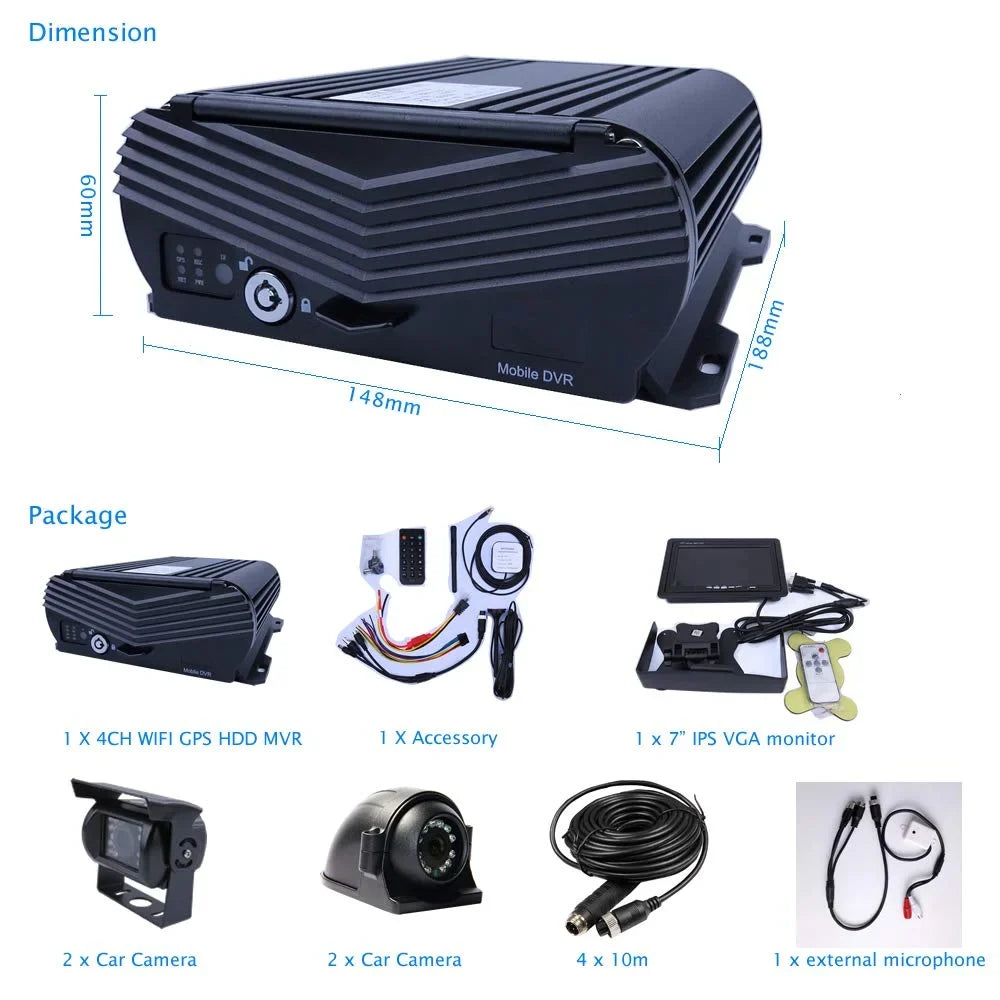 JOINLGO 4 Channel GPS WiFi 1080P AHD HDD Mobile Vehicle Car DVR MDVR Video Recorder Kit Real-time Remote View on PC Phone with 4 1080P Side Rear View IR Car Cameras 7 inches Car Monitor for Truck Bus