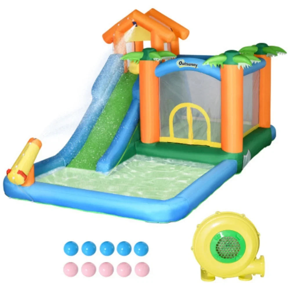 Outsunny 6-in-1 Tropical Inflatable moisture Slide Summer Theme Jumping Castle Includes Floating Ball Slide Trampoline Pool Cannon Climbing Wall with Carry Bag, Repair Patches and 450W Air Blower