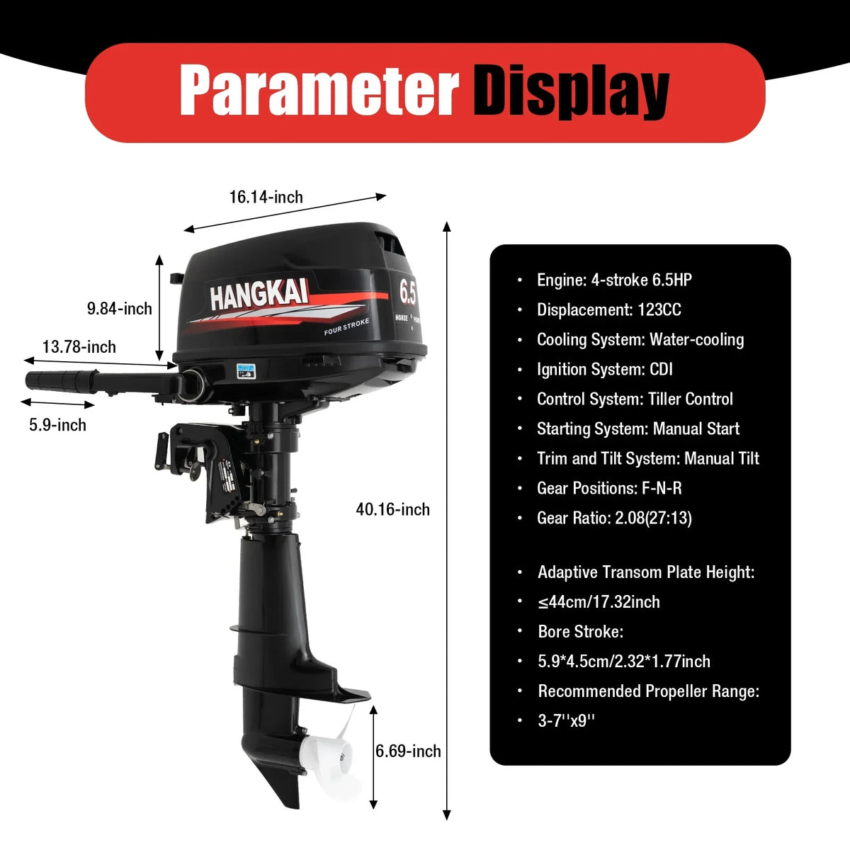 Anqidi 6.5HP 4 Stroke Outboard Motor 123CC Heavy Duty ship Engine with Single Cylinder aqua Cooling System & CDI Ignition Tiller Control Max 6000r/min