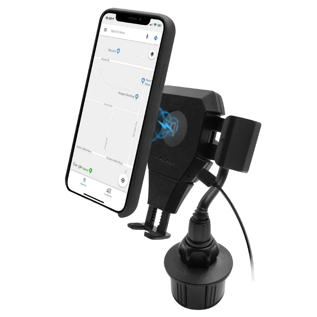 Macally Car Cup Holder Smartphone Mount with Wireless Qi Charger for  iPhone 14 13 X Pro Max mini SE 8 Plus,  Galaxy Note S23 S22 Ultra Plus 5G, Tablets 10.5" Wide
