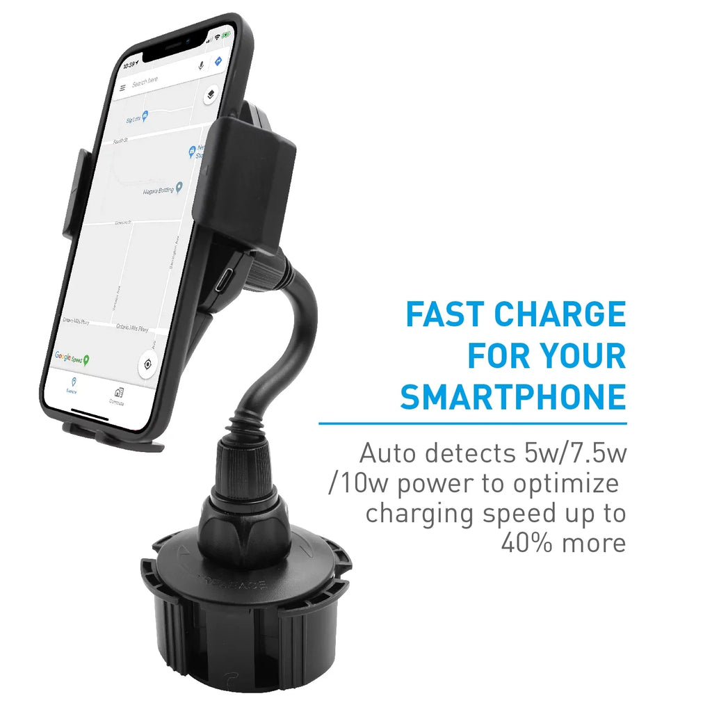 Macally Car Cup Holder Smartphone Mount with Wireless Qi Charger for  iPhone 14 13 X Pro Max mini SE 8 Plus,  Galaxy Note S23 S22 Ultra Plus 5G, Tablets 10.5" Wide