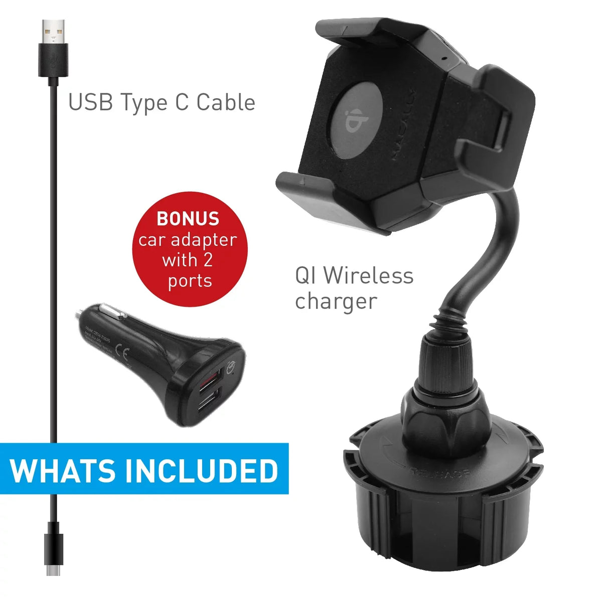 Macally Car Cup Holder Smartphone Mount with Wireless Qi Charger for  iPhone 14 13 X Pro Max mini SE 8 Plus,  Galaxy Note S23 S22 Ultra Plus 5G, Tablets 10.5" Wide