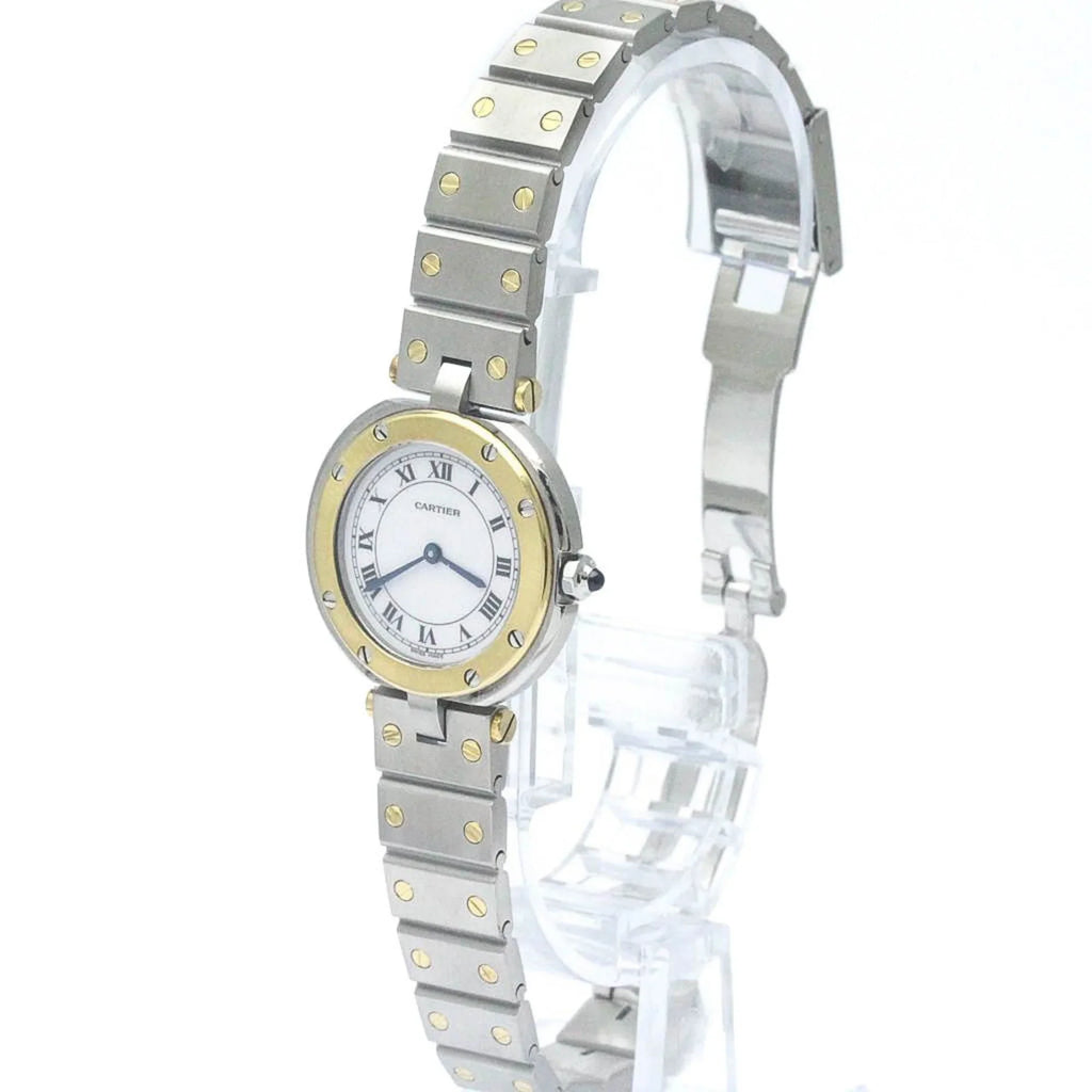 Pre-Owned Polished CARTIER Santos Round 18K Gold Steel Quartz Ladies Watch BF568475 (Good)