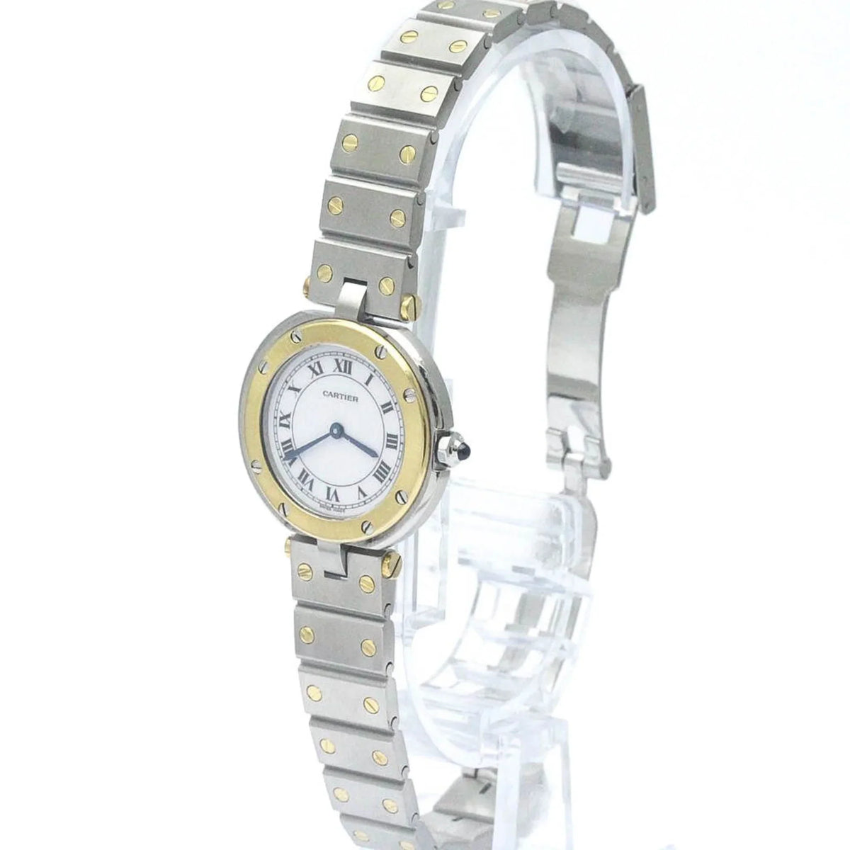 Pre-Owned Polished CARTIER Santos Round 18K Gold Steel Quartz Ladies Watch BF568475 (Good)