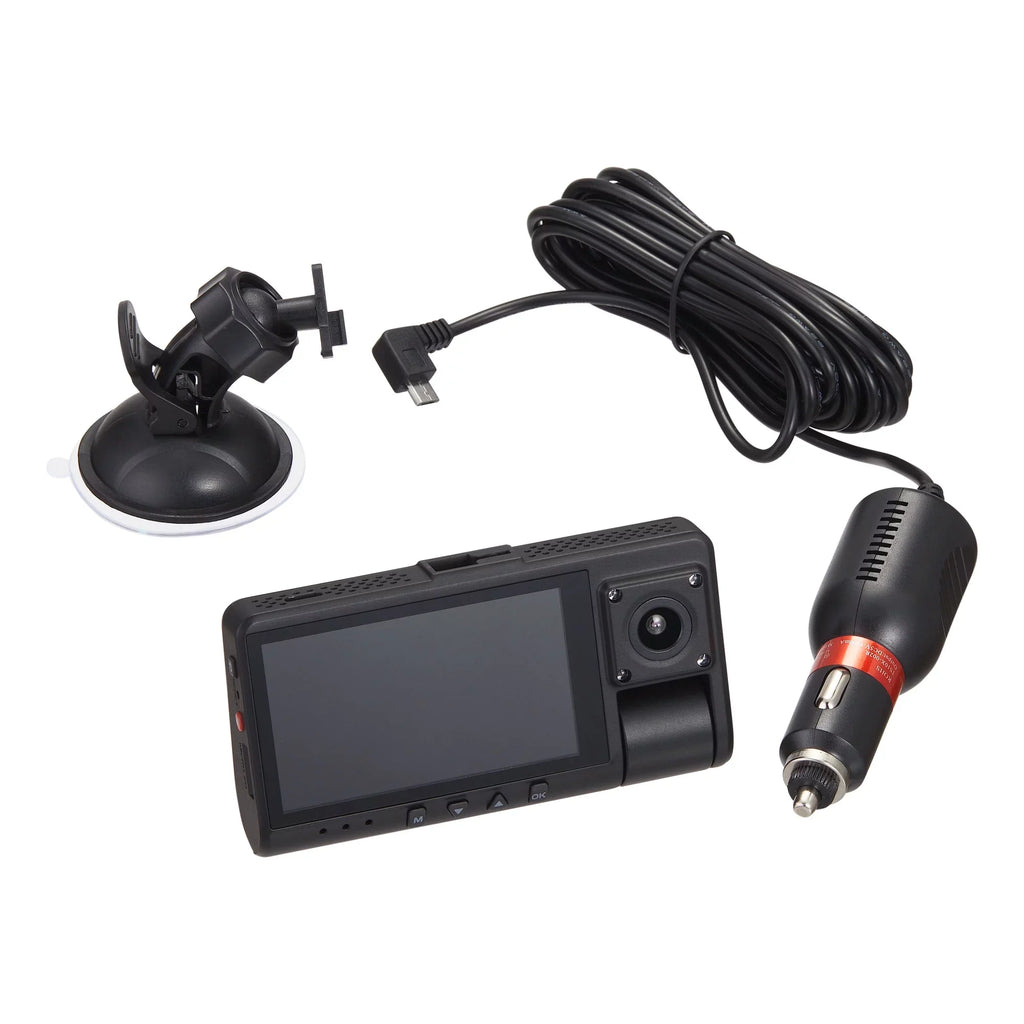 Dual Dash Cam with Ultra-Wide Angle Lens, 3" LCD Screen, Front 1080P Camera with 16GB SD Card, Suppots up to 128GB Max, Built in G-Sensor. onn
