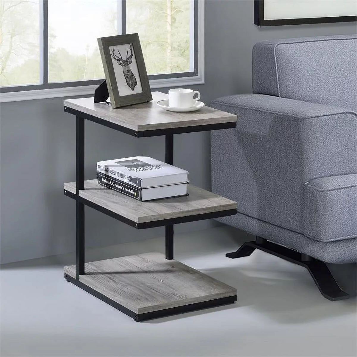 FOA Neeva Industrial Metal 3-Shelf Side Table in Light Gray Set of 2