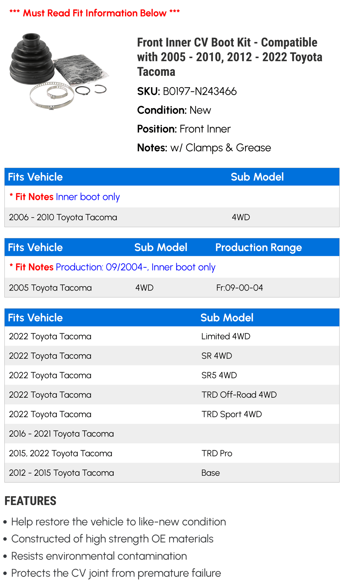 Front Inner CV Boot Kit - matching with 2005 - 2010, 2012 - 2022  Tacoma 2006 2007 2008 2009 2013 2014 2015 2016 2017 2018 2019 2020 2021