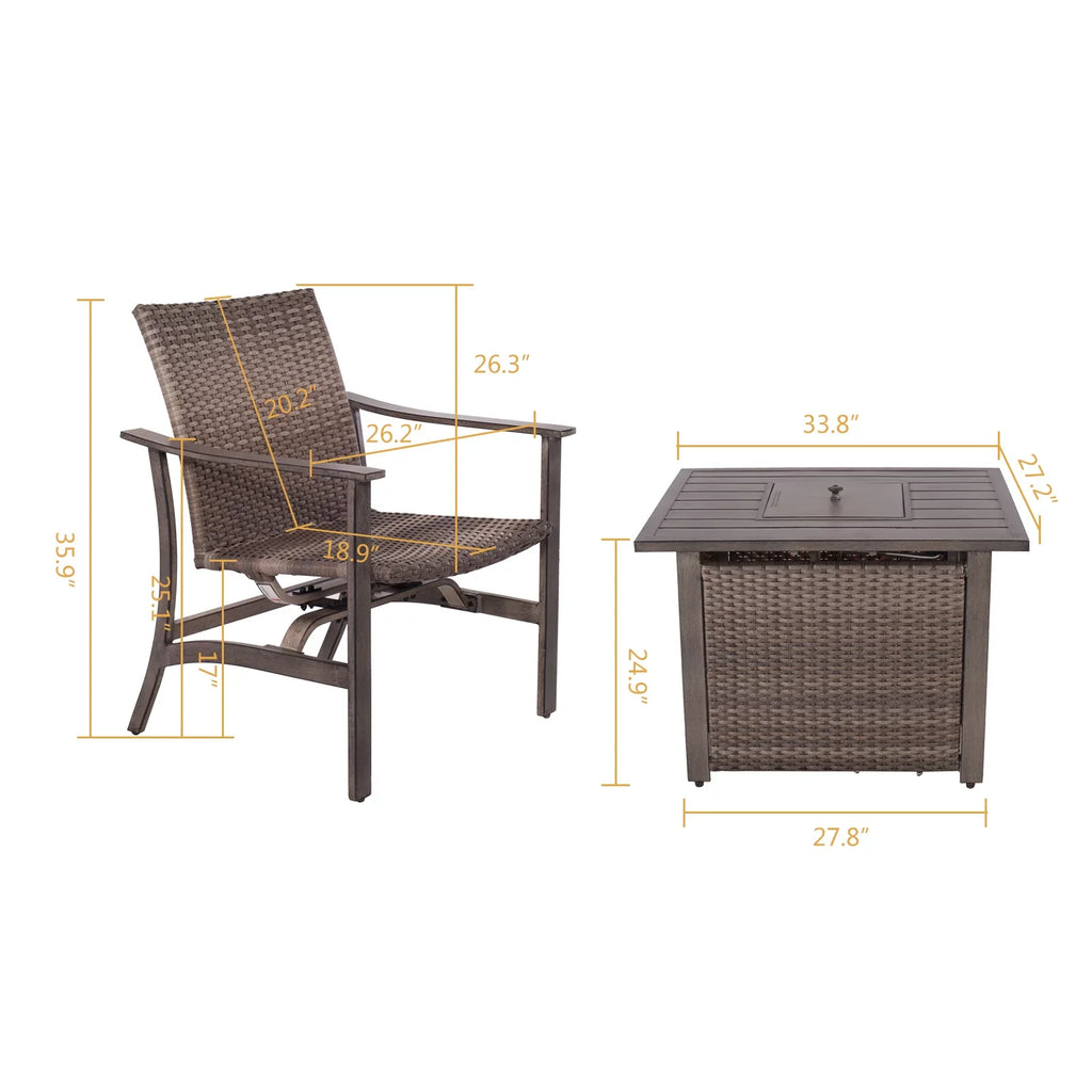 5 Piece Patio Furniture Set with Fire Pit Table, 4 Wicker Rocking Motion Chairs & 33.8"x27.2" 15000 BTU Propane Gas Firepit Table, All-climate Outdoor Conversation Set for Yard Garden Deck