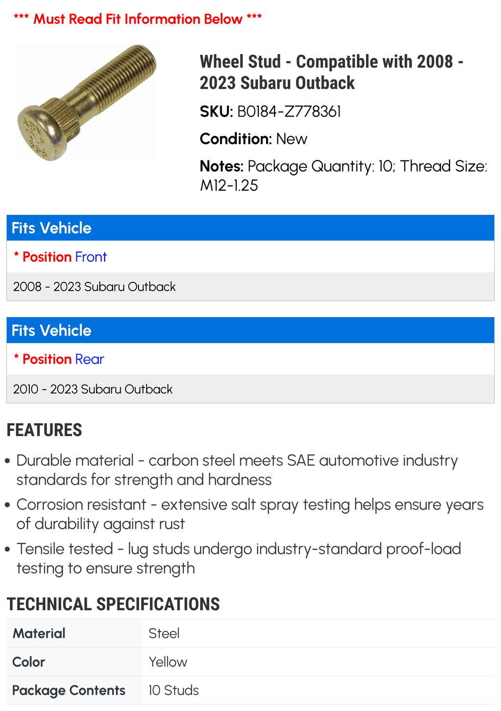 Wheel Stud - appropriate with 2008 - 2023 Subaru Outback 2009 2010 2011 2012 2013 2014 2015 2016 2017 2018 2019 2020 2021 2022