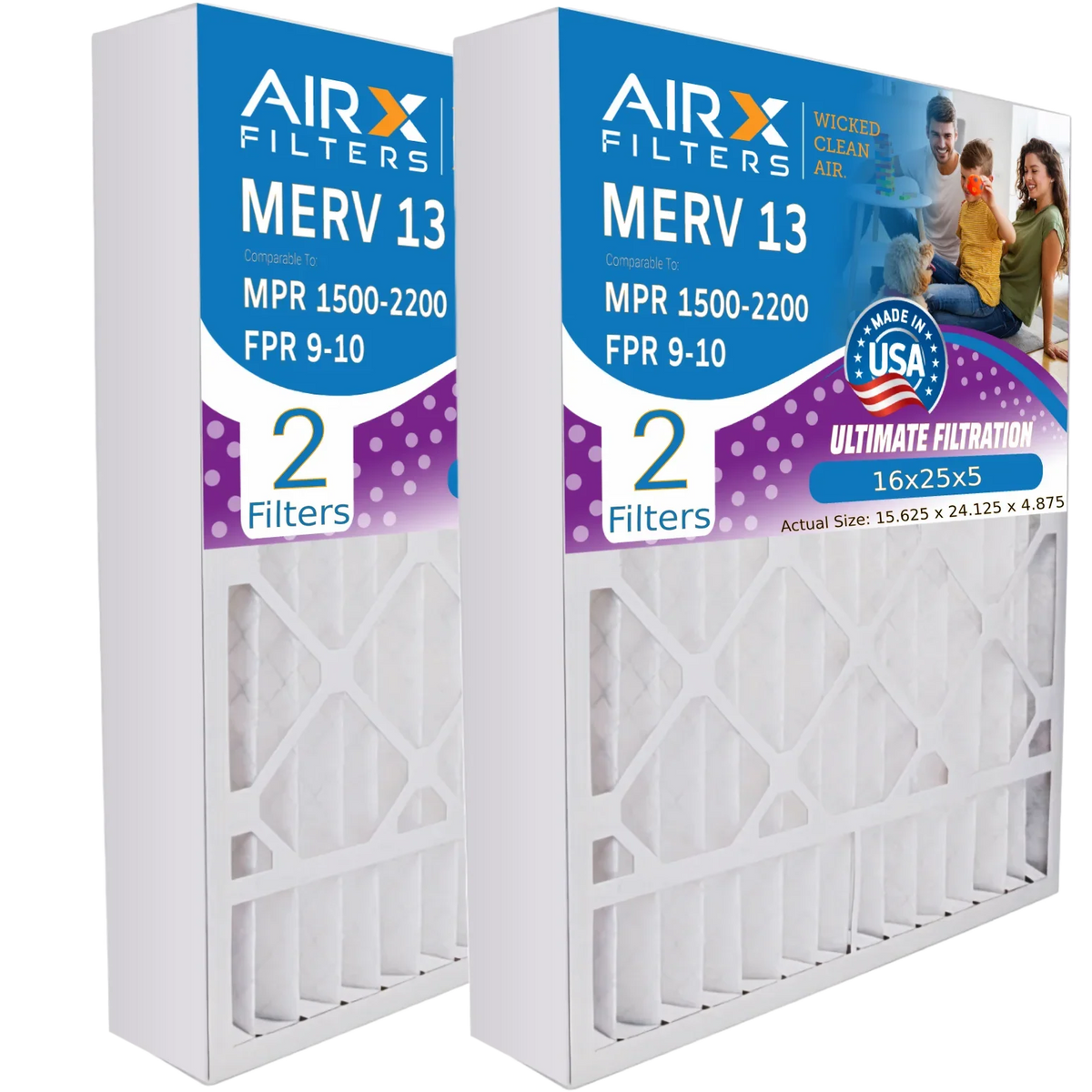 16x25x5 Air Filter MERV 13 Comparable to MPR 1500 - 2200 & FPR 9 appropriate with GeneralAire 14161 Premium USA Made 16x25x5 Furnace Filter 2 Pack by AIRX FILTERS WICKED CLEAN AIR.