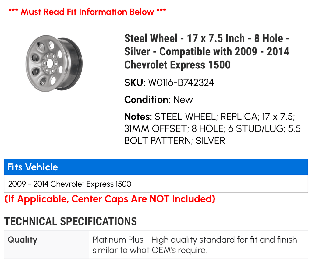Steel Wheel - 17 x 7.5 Inch - 8 Hole - Silver - suitable with 2009 - 2014 Chevy Express 1500 2010 2011 2012 2013