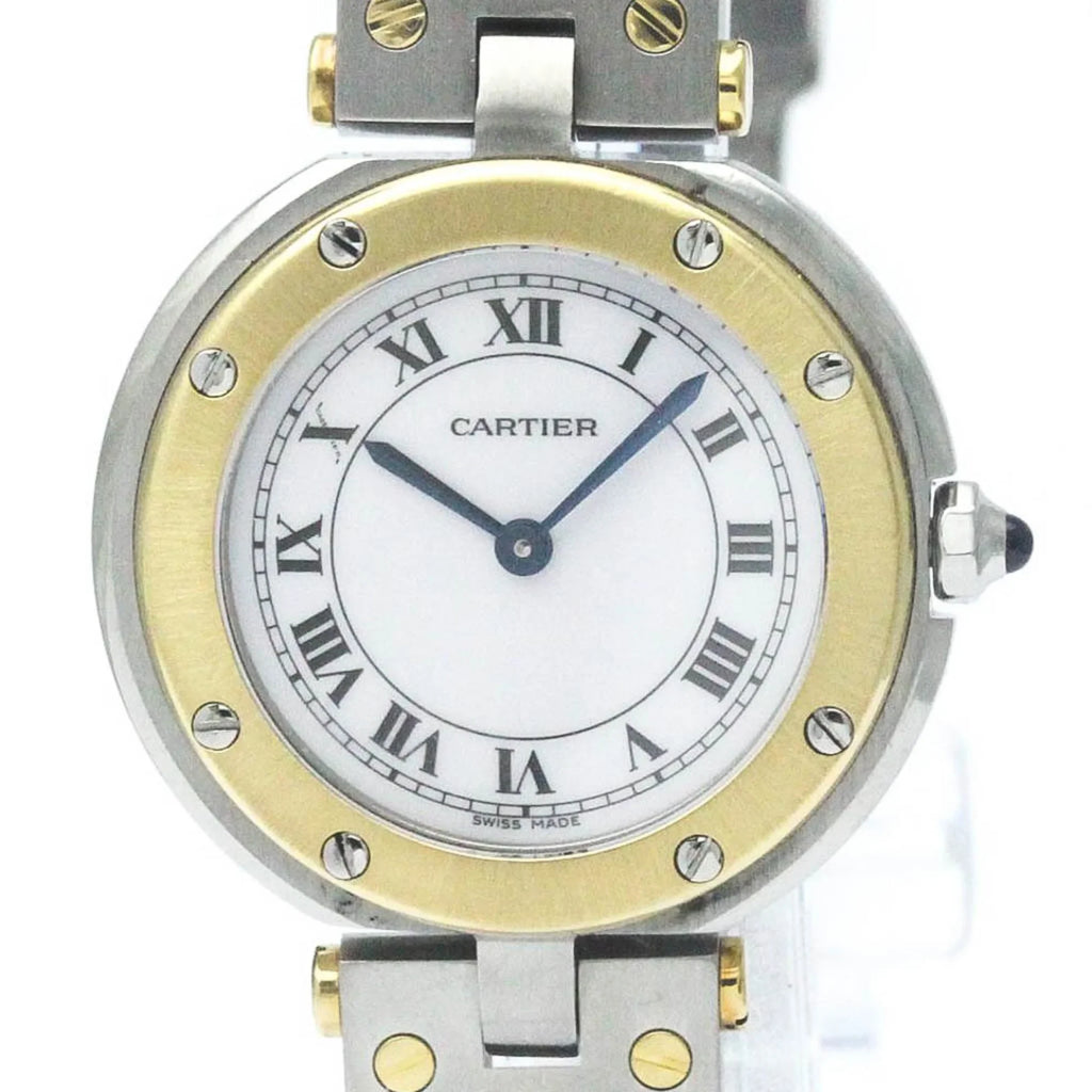 Pre-Owned Polished CARTIER Santos Round 18K Gold Steel Quartz Ladies Watch BF568475 (Good)