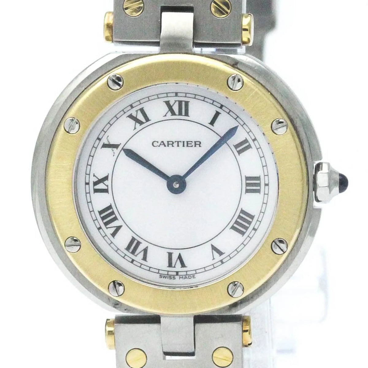 Pre-Owned Polished CARTIER Santos Round 18K Gold Steel Quartz Ladies Watch BF568475 (Good)