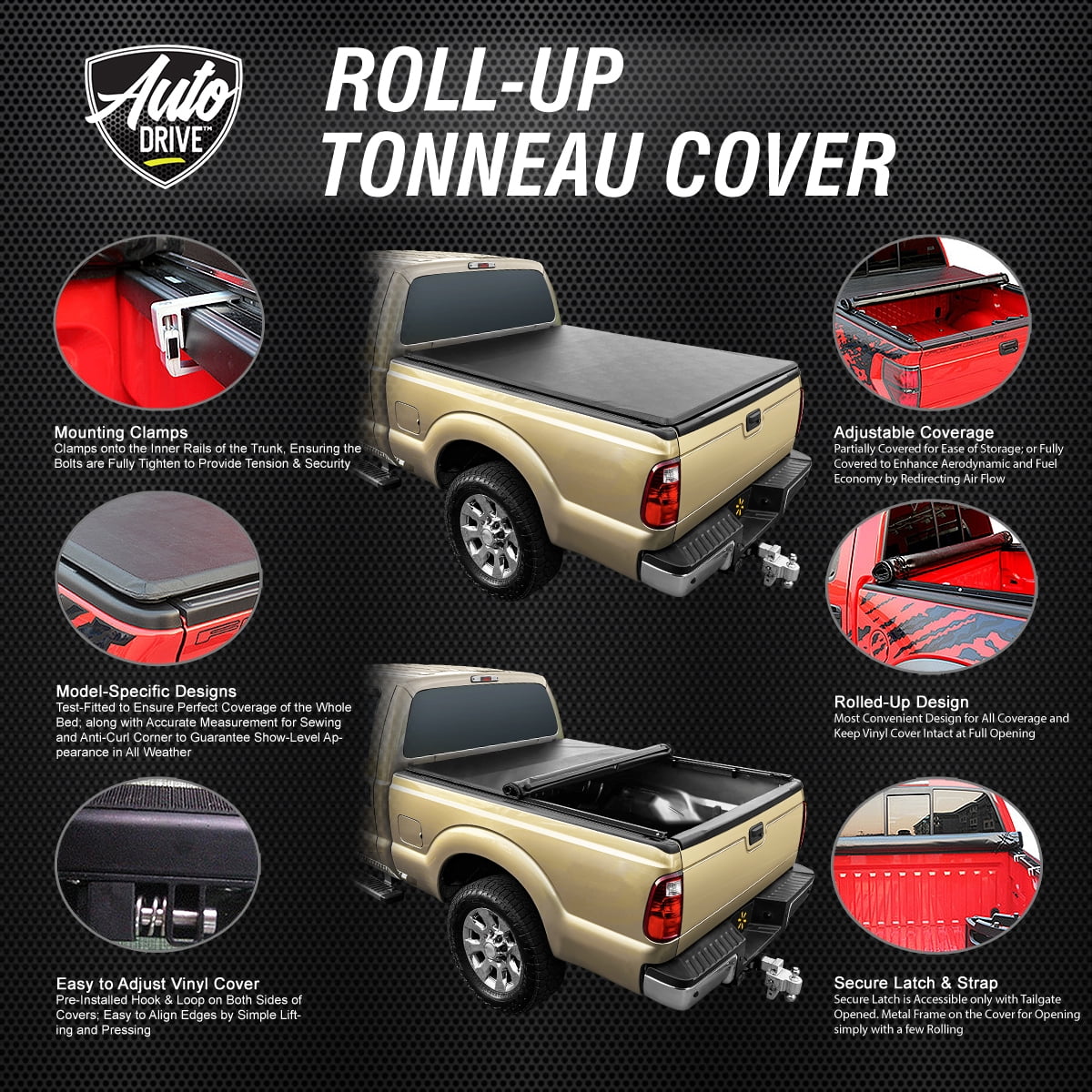 Auto Drive Soft Roll up Truck Bed Tonneau protector Fits 94-10 Dodge Ram 1500 2500 3500 / 11-18 Ram 1500 2500 3500 8Ft Bed