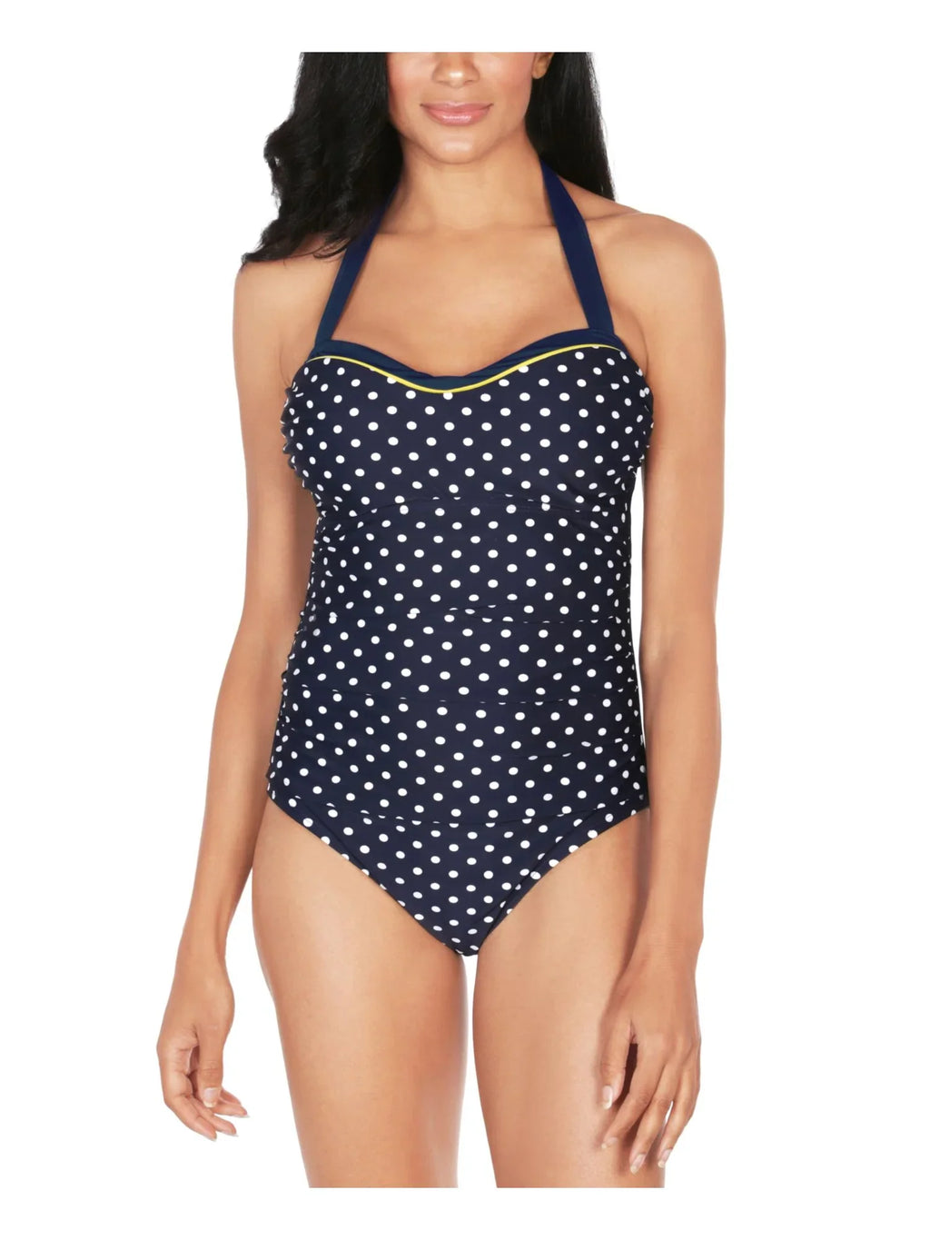 NAUTICA Women's Navy Polka Dot Stretch Tummy Control Fixed Cups  Tie Sweetheart Moderate Coverage One Piece Swimsuit M