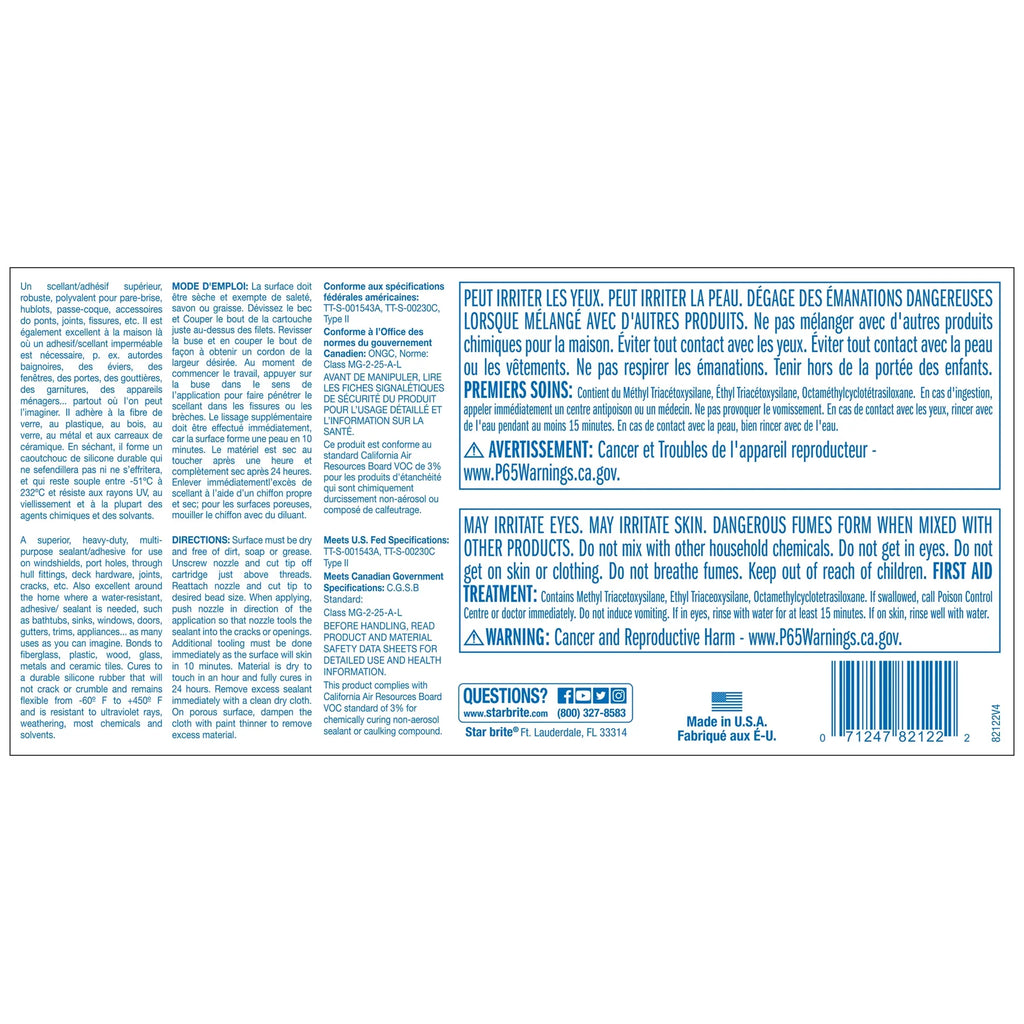 STAR BRITE Marine Silicone Sealant - Clear, 10.1 Oz Cartridge, Waterproof, Durable, UV impervious, for Fiberglass, Metal, Wood, Glass, Ceramic & More (082122)