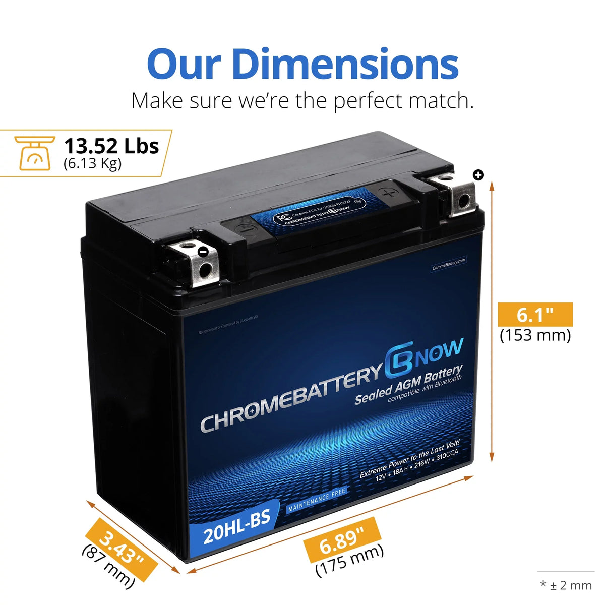 Chrome Battery Now YTX20HL-BS Intelligent Wireless Smartphone Connectivity AGM Battery for Personal Watercraft - Brp (sea-doo) 1500 Gti, Gtr, Gts, Gtx, Rxt, Rxp, Wake Years (2016 - 2019)