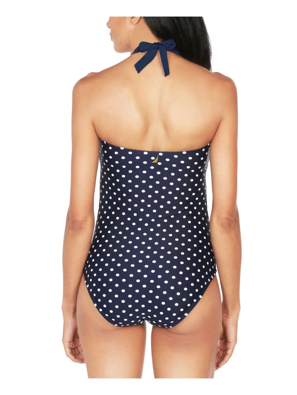NAUTICA Women's Navy Polka Dot Stretch Tummy Control Fixed Cups  Tie Sweetheart Moderate Coverage One Piece Swimsuit M