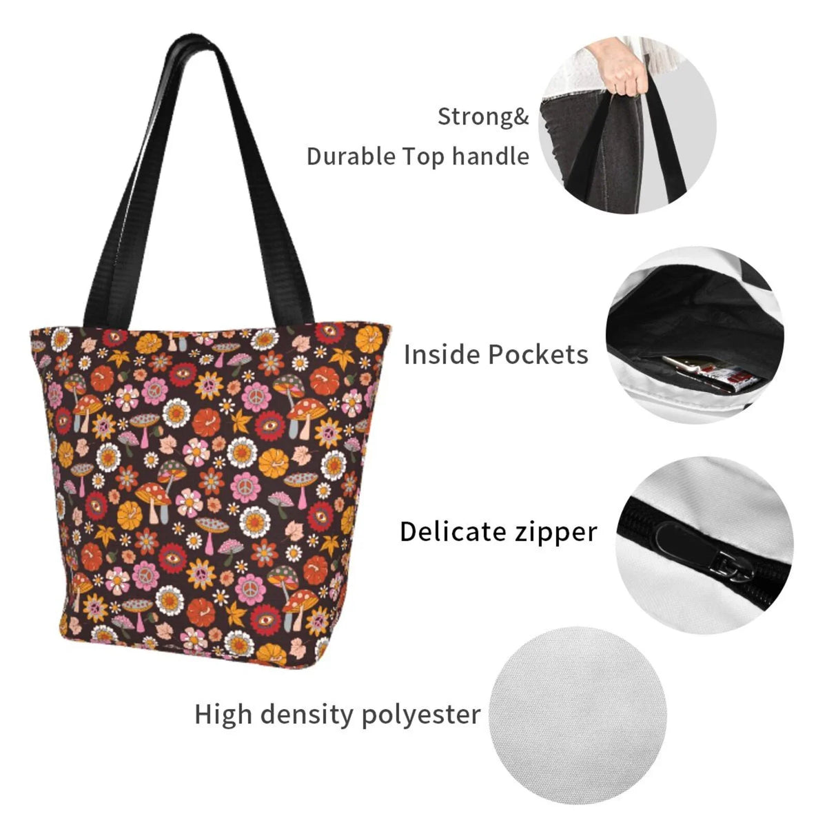 Lukts 70s Groovy Hippie Retro Tote Bag,Shoulder Bag Women'S Hobos Handbags Large Capacity Shopping Bag