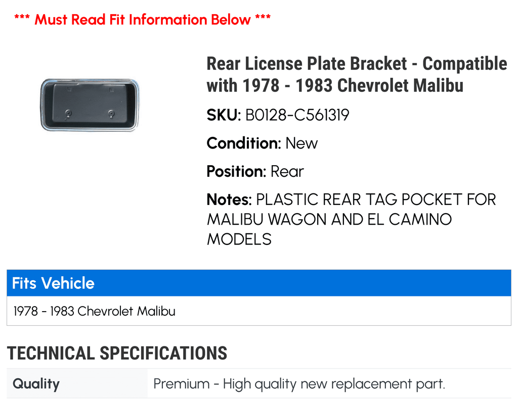 Rear License Plate Bracket - suitable with 1978 - 1983 Chevy Malibu 1979 1980 1981 1982