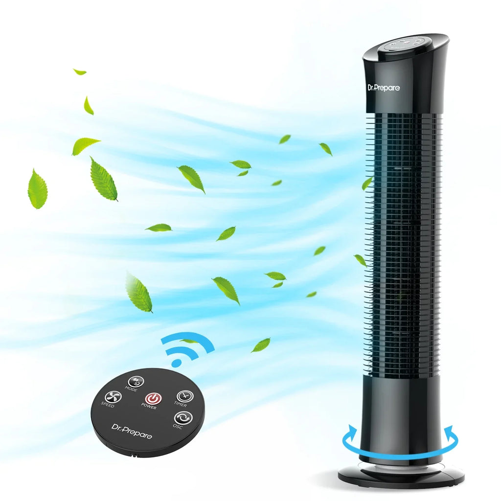Prepare 30’’ Oscillation Tower Fan，Portable Stand Floor Fans w/Remote/3 Speeds/7.5h Timer for Home/Office. Dr