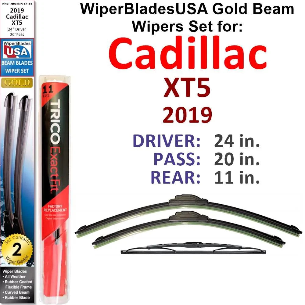 2019 Cadillac XT5 Base Beam Wiper Blades Wipers WBUSA (Set of 3) w/Rear Wiper