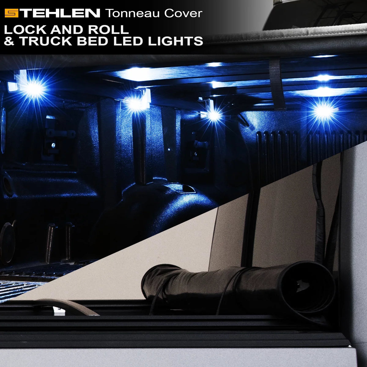 Stehlen 733469495116 Lock And Roll Up Tonneau protector with Truck Bed LED Lights For Ram 1500 2019-2022 New Body Style 6.4 Feet ( 76.8" ) Bed