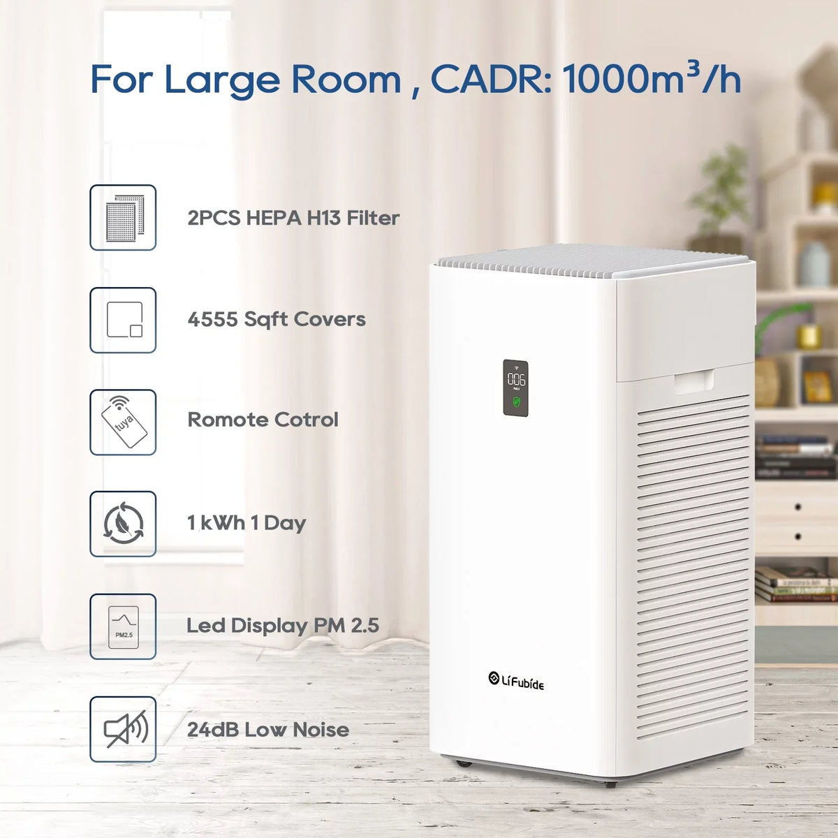 Lifubide Large Room Air Purifier, H13 True HEPA,4555 Sq.Ft Coverage,24dB Low Noise For Bedroom, Removal Of 99.99% 0.01 Microns Particles, Pet Dander、Smoke、Odor、Dust， PM2.5 Monitor, Smart Air Purifier