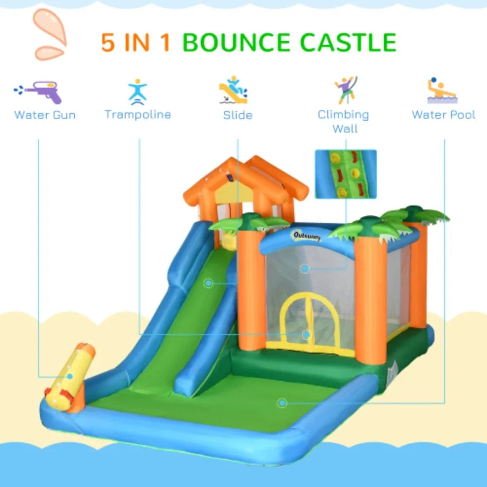 Outsunny 6-in-1 Tropical Inflatable moisture Slide Summer Theme Jumping Castle Includes Floating Ball Slide Trampoline Pool Cannon Climbing Wall with Carry Bag, Repair Patches and 450W Air Blower