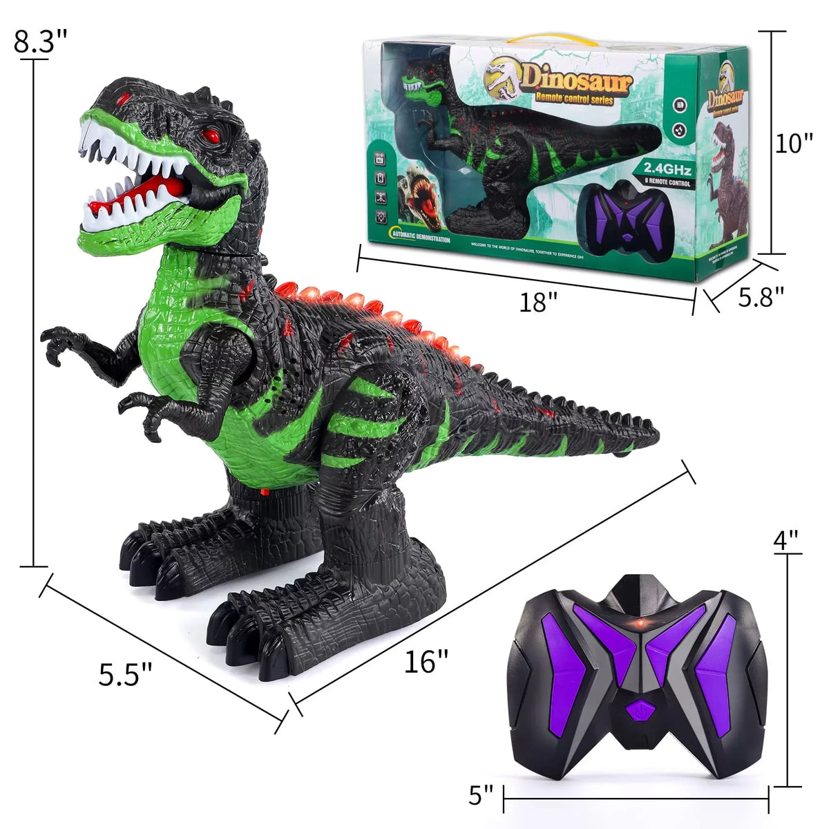 UUGEE Remote Control Dinosaur Toys for Boys Girls 2.4G RC Robot T-rex with Light Sound, Black