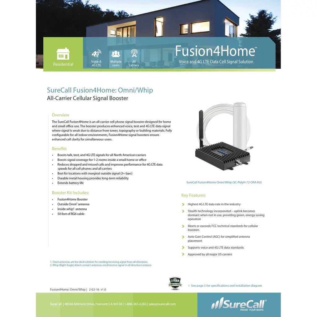 SC-PolyH-72-ORA-Kit. ft. SureCall Fusion4Home Omni/Whip Voice, Text & 4G LTE Cell Phone Signal Booster for Homes up to 2,000 sq