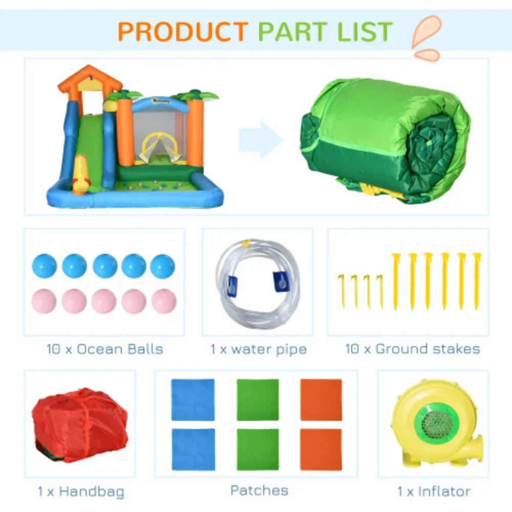 Outsunny 6-in-1 Tropical Inflatable moisture Slide Summer Theme Jumping Castle Includes Floating Ball Slide Trampoline Pool Cannon Climbing Wall with Carry Bag, Repair Patches and 450W Air Blower