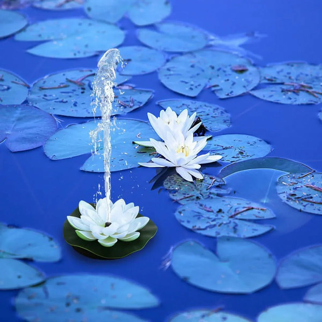 HOTBEST Solar-powered Waterproof Lotus Lamp Lotus Fountain Novel Fish Pond Fountain Garden Decor liquid Lily Bird Bath Fountain(White)