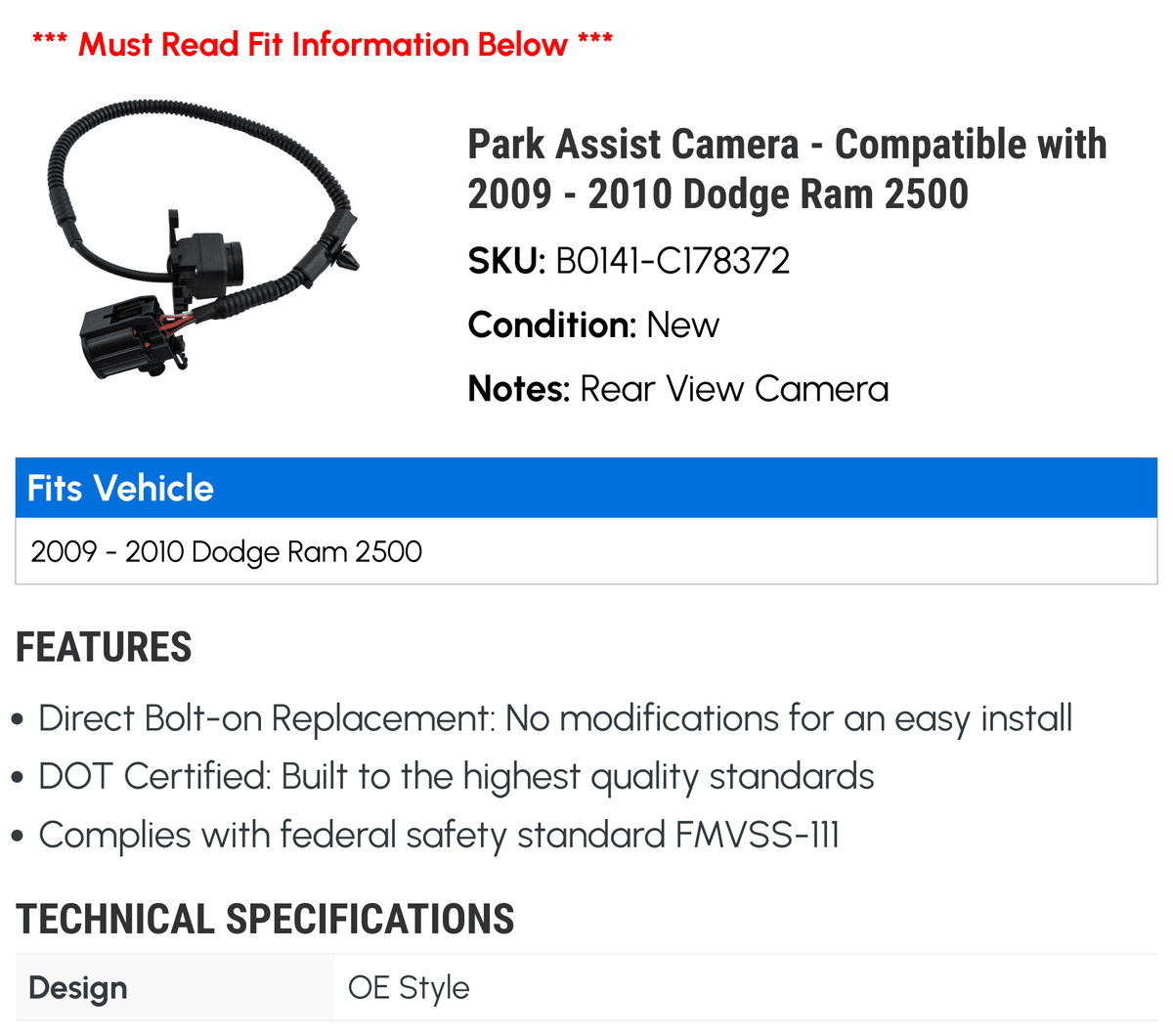 Park Assist Camera - appropriate with 2009 - 2010 Dodge Ram 2500