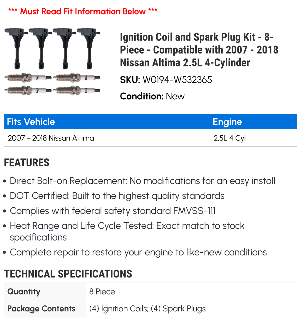 Ignition Coil and Spark Plug Kit - 8-Piece - appropriate with 2007 - 2018 Nissan Altima 2.5L 4-Cylinder 2008 2009 2010 2011 2012 2013 2014 2015 2016 2017