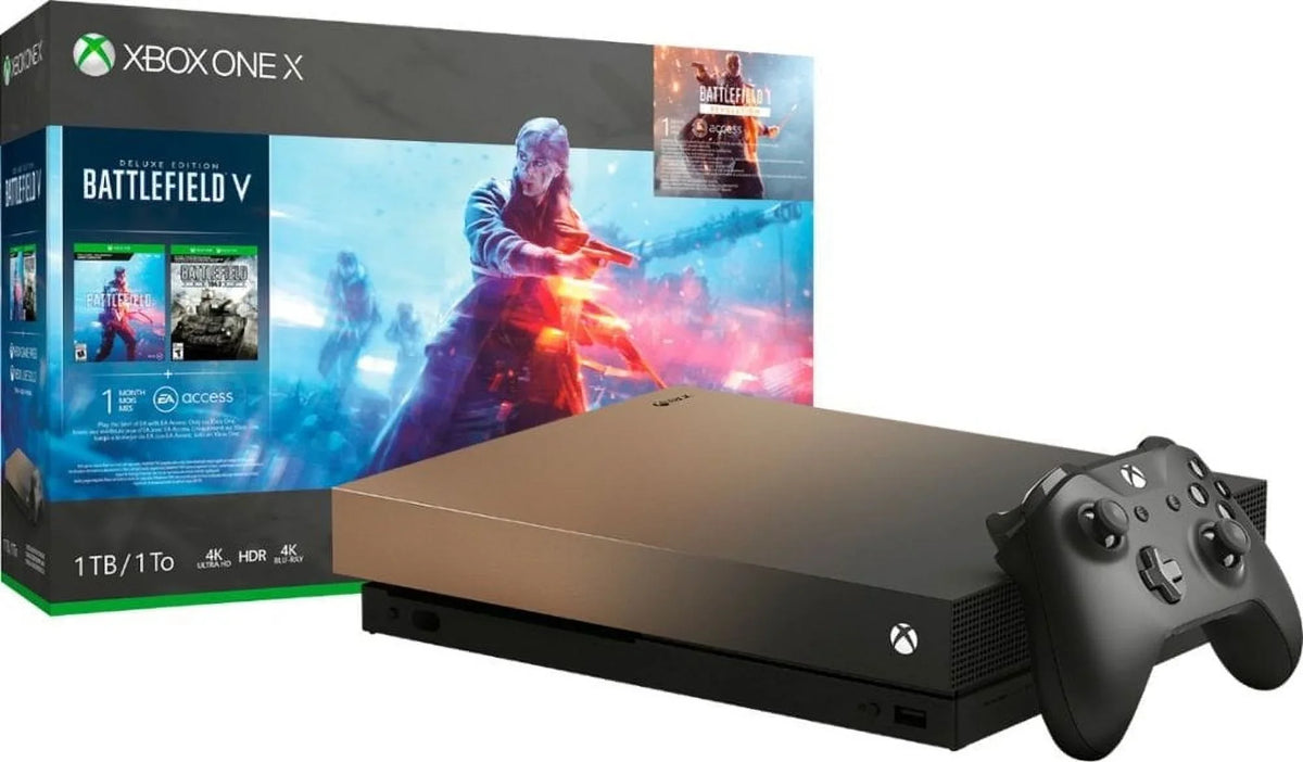 Pre-Owned  FMP-00023 Xbox One X 1TB Gold Rush Special Edition Battlefield V Bundle Gray Gold (Refurbished: Good)