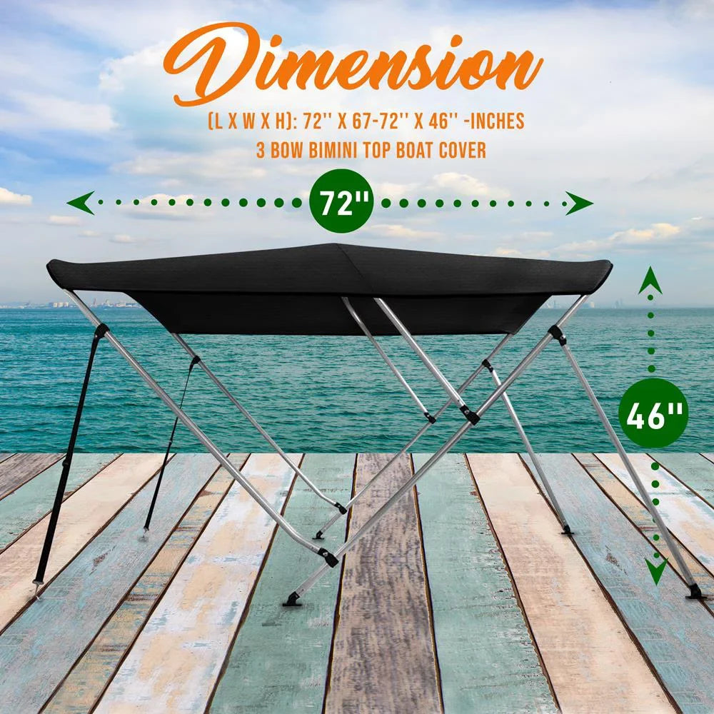 SereneLife 3 Bow 67-72 Inch Bimini Top vessel wrap with Double Walled Frame, Gray