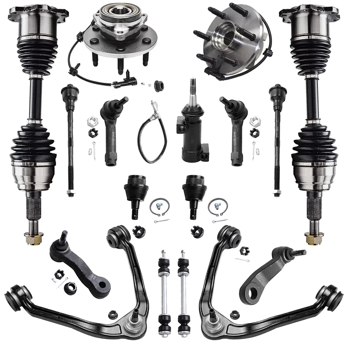 Detroit Axle - Front End 17pc Kit for 1999-2006 Chevy GMC Silverado Sierra 1500 Upper Control Arms w/Ball Joints CV Axles Wheel Hubs Replacement Sway Bar Links Tie Rods Steering Idler Pitman Arm