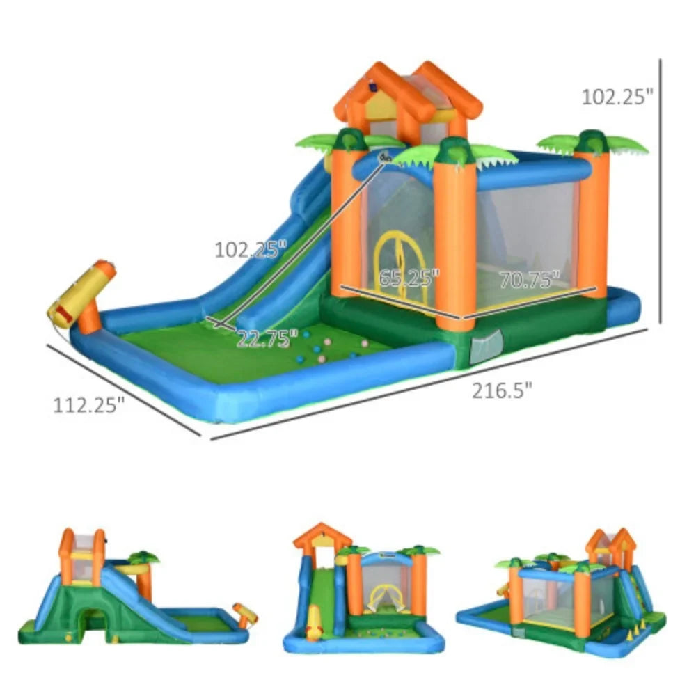 Outsunny 6-in-1 Tropical Inflatable moisture Slide Summer Theme Jumping Castle Includes Floating Ball Slide Trampoline Pool Cannon Climbing Wall with Carry Bag, Repair Patches and 450W Air Blower