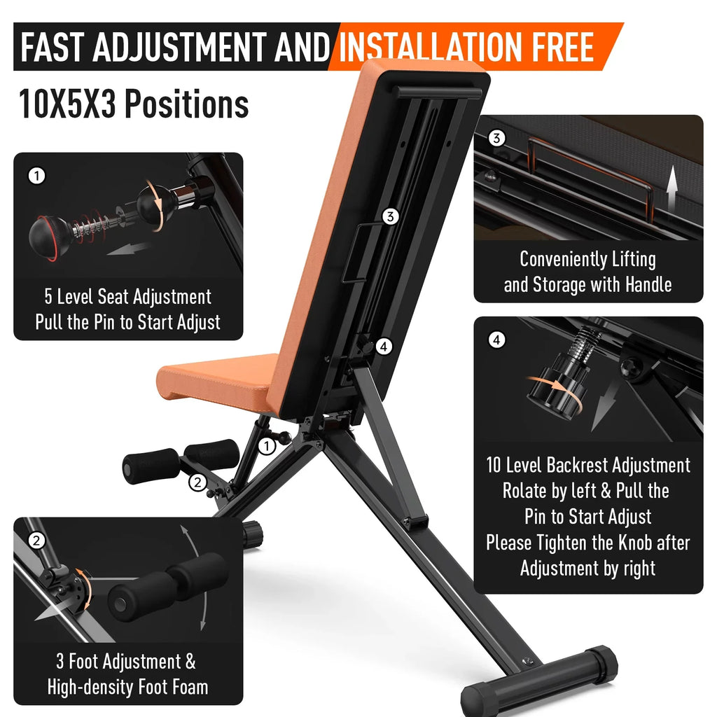 POOBOO Weight Bench Workout Indoor Folding incline bench Incline Adjustable and Thickened 5 Layer Structure gym bench for Home Training 800 lbs Capacity