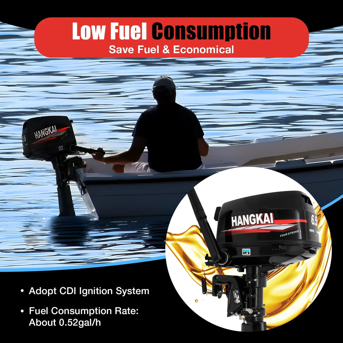 Anqidi 6.5HP 4 Stroke Outboard Motor 123CC Heavy Duty ship Engine with Single Cylinder aqua Cooling System & CDI Ignition Tiller Control Max 6000r/min