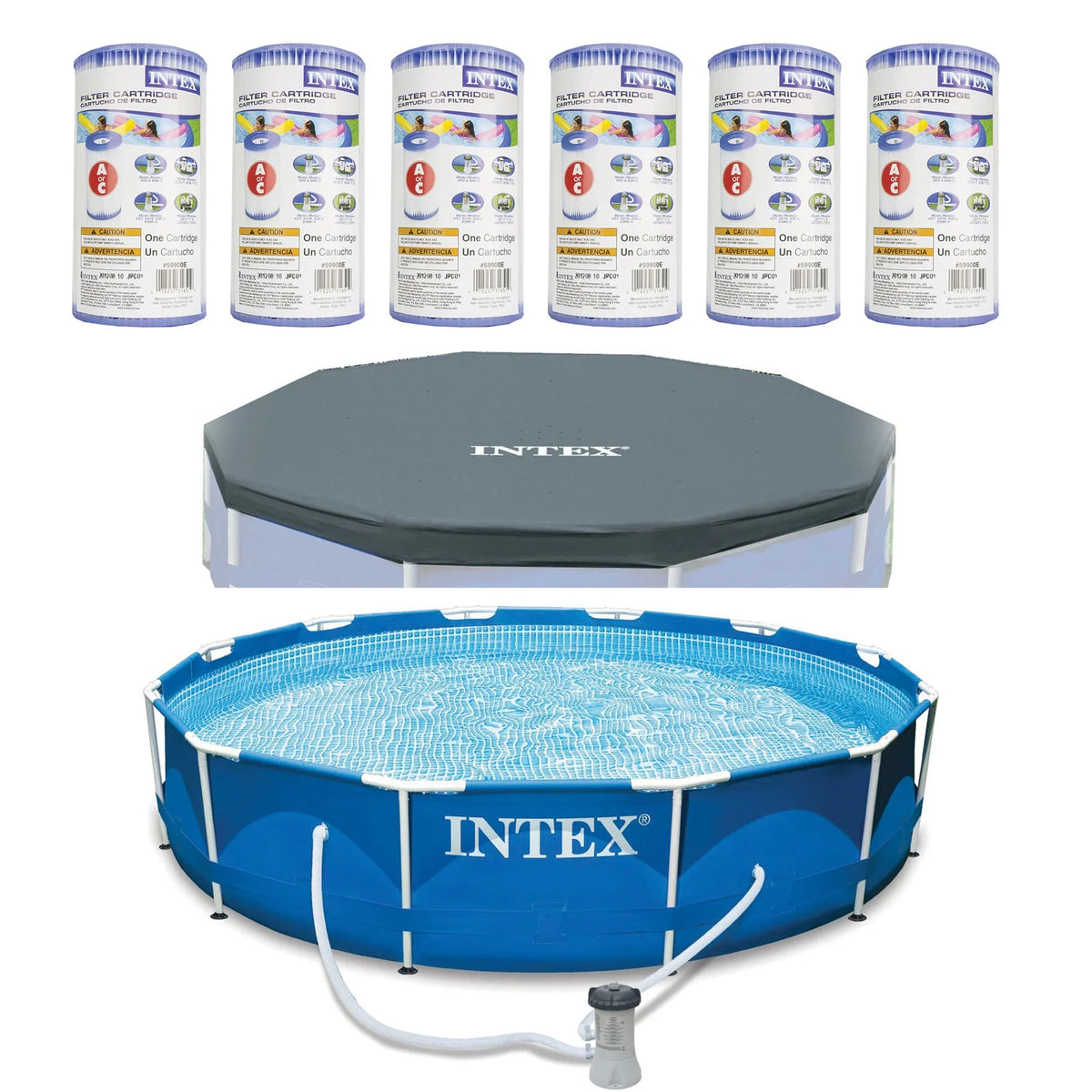 Intex Metal Above Ground Pool w/ Pump, Filter Cartridge 6 Pack, and protector